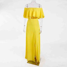 Load image into Gallery viewer, Summer Women Outfits Yellow Sexy 2pcs Set Floor Length Maxi Skirt Split Side Off The Shoulder Backless Crop Tops Ruffled Top
