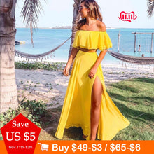 Load image into Gallery viewer, Summer Women Outfits Yellow Sexy 2pcs Set Floor Length Maxi Skirt Split Side Off The Shoulder Backless Crop Tops Ruffled Top
