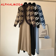 Load image into Gallery viewer, ALPHALMODA 2019 Autumn Winter Women Houndstooth Cardigans + Sling-dress 2ps Fashion Suit Elegant Knitting 2pcs Set