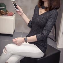 Load image into Gallery viewer, Nkandby Plus Size Shining Knit Pullover Women Sweater Fashion V Neck Tight Stretch Knitted Chic Tops Autumn Winter Korean Jumper
